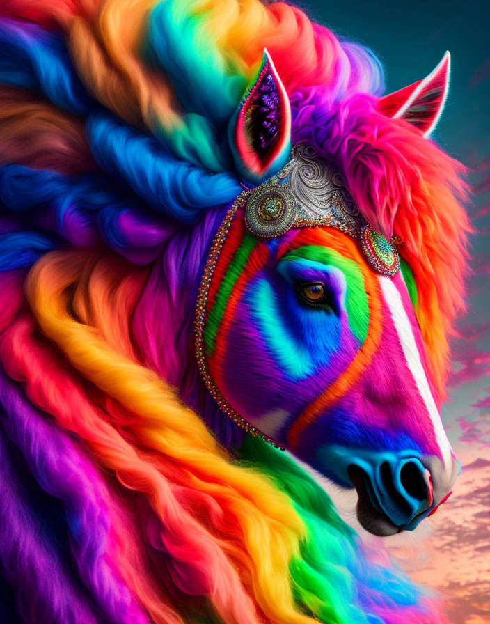 Colorful unicorn digital art against dramatic sky background