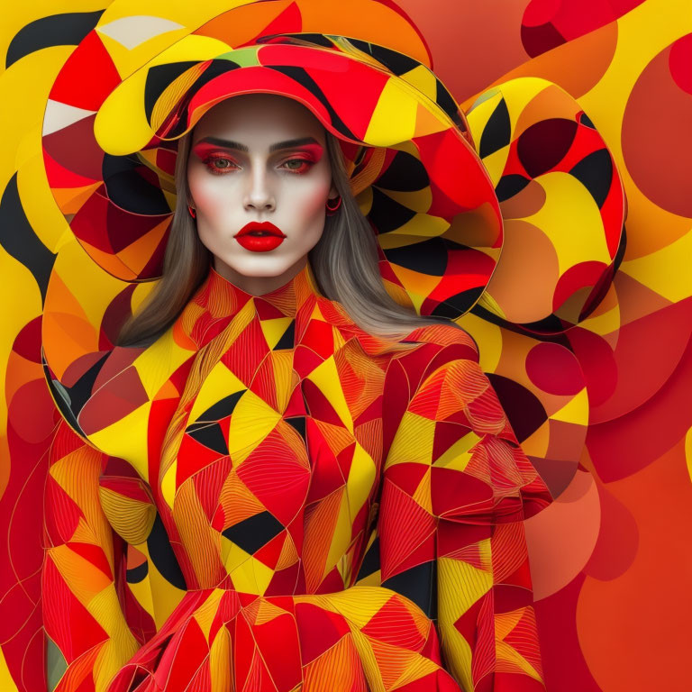 Woman in Bold Red Lipstick and Patterned Hat Against Swirling Red and Yellow Background