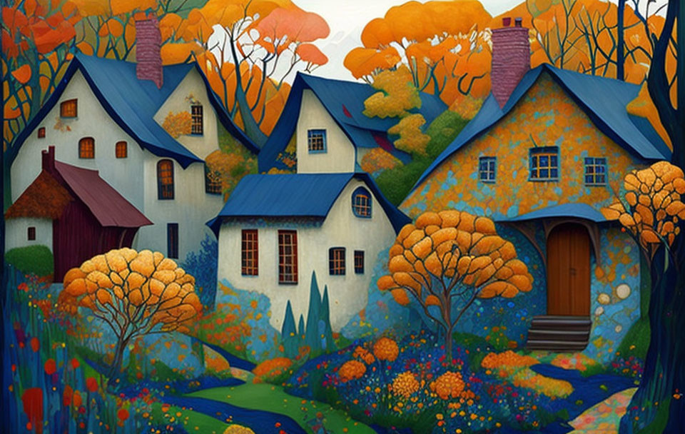 Colorful Autumn Village Scene with Whimsical Trees and Quaint Houses