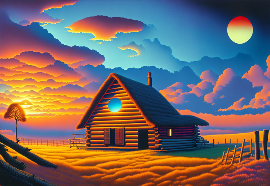 Illustration of Log Cabin at Sunset with Wheat Fields and Serene Sky