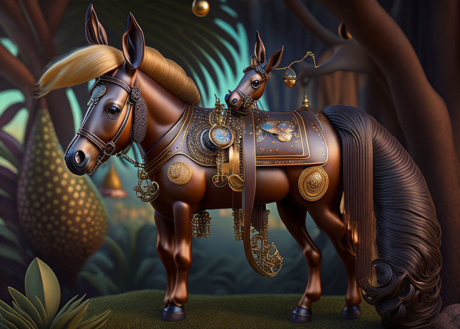 Richly adorned horse in fantastical forest with intricate harnesses