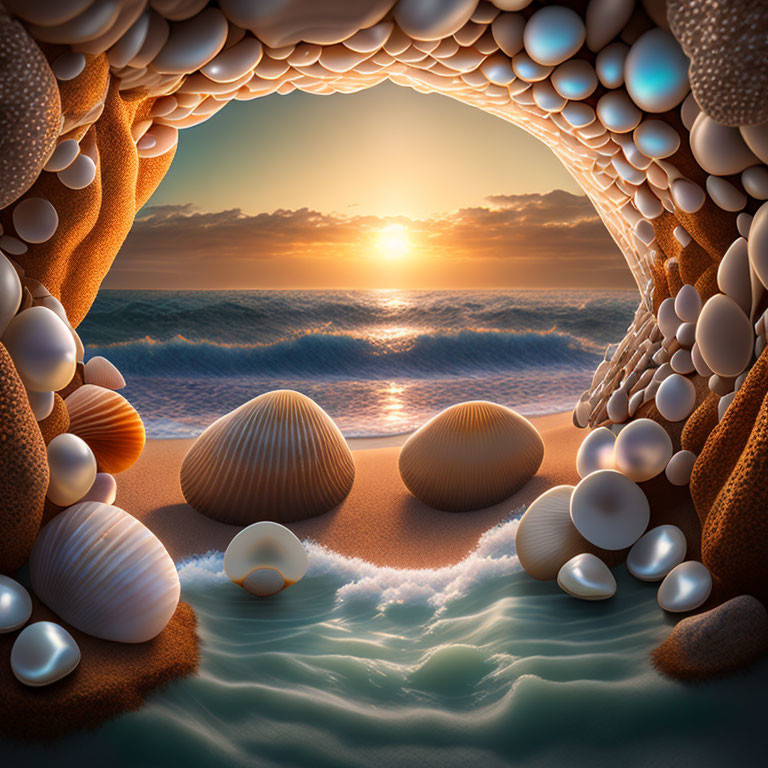 Tranquil beach sunset with seashell arch and gentle waves