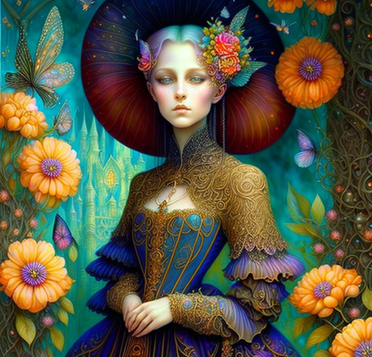 Fantasy digital artwork: Pale blue female figure with ornate clothing, headdress, flowers, and