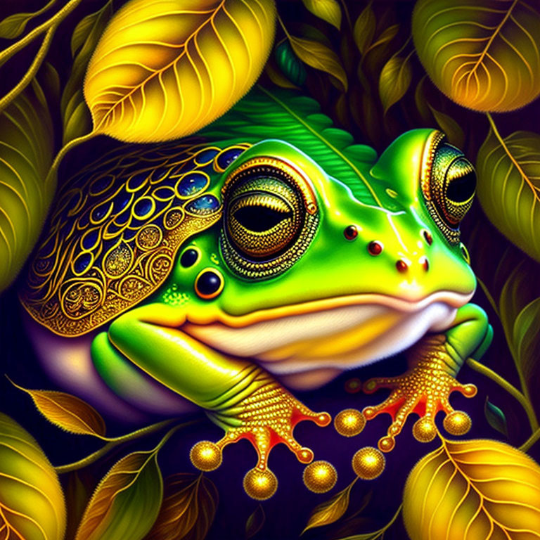 Colorful Frog Illustration Surrounded by Green Leaves