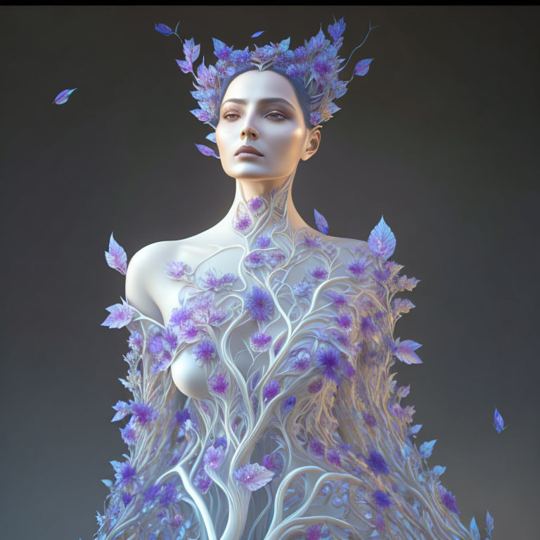 Intricate floral patterns adorn woman in digital artwork