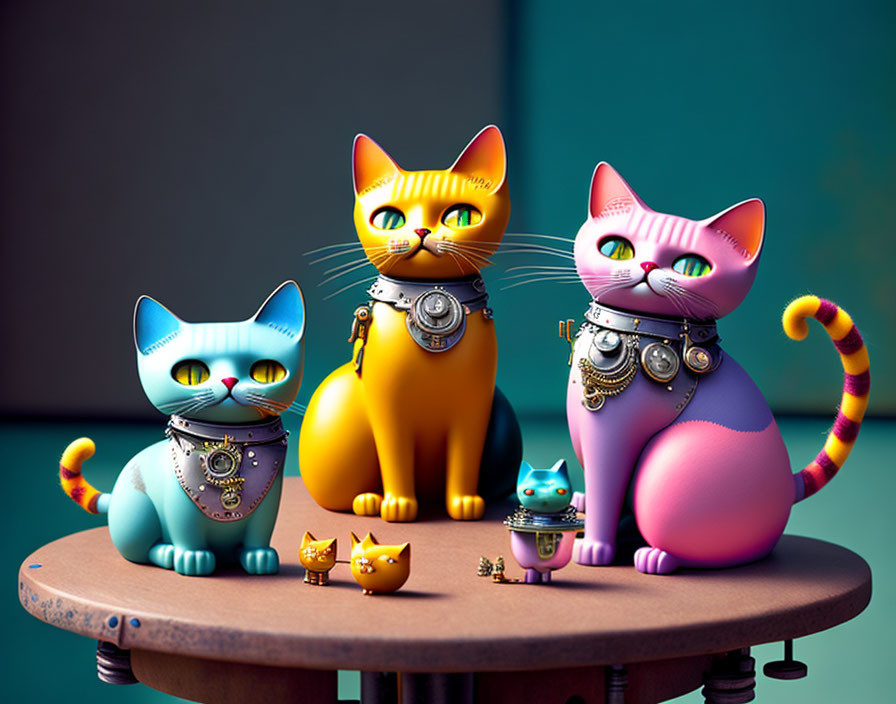 Colorful Animated Cats with Decorative Necklaces on Table with Gradient Backgrounds