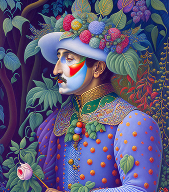 Vibrant illustration of person in fruit hat and purple outfit in lush botanical scene