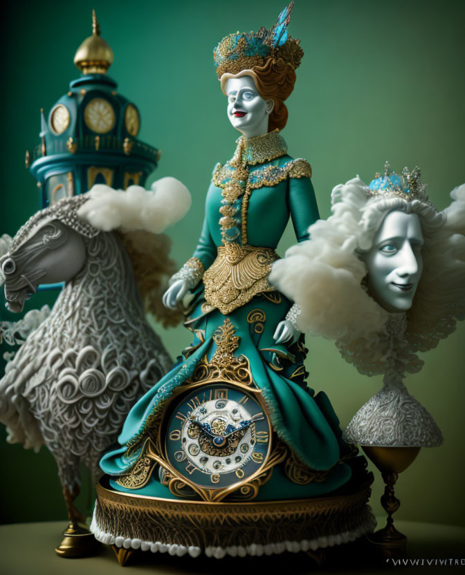 Intricate clock-themed woman figurine with sheep and masked figure on green background