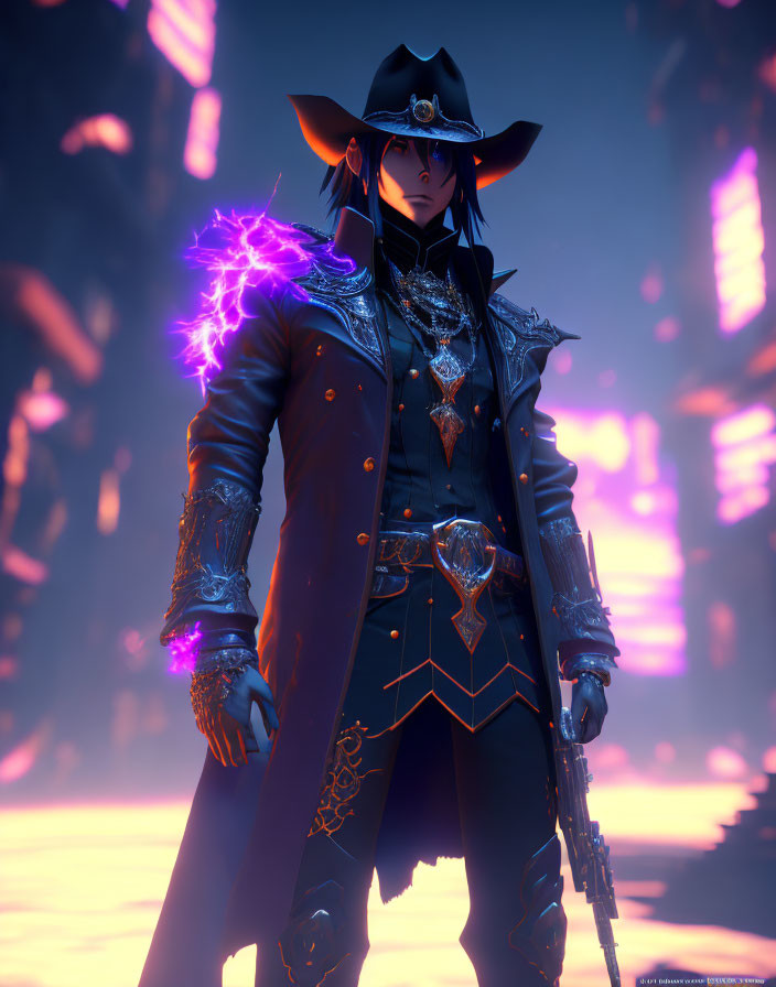 Stylized cowboy character with purple energy weapon on neon background