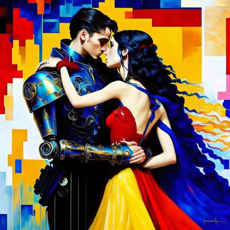 Man in Blue Armor Embraces Woman in Colorful Dress against Abstract Background