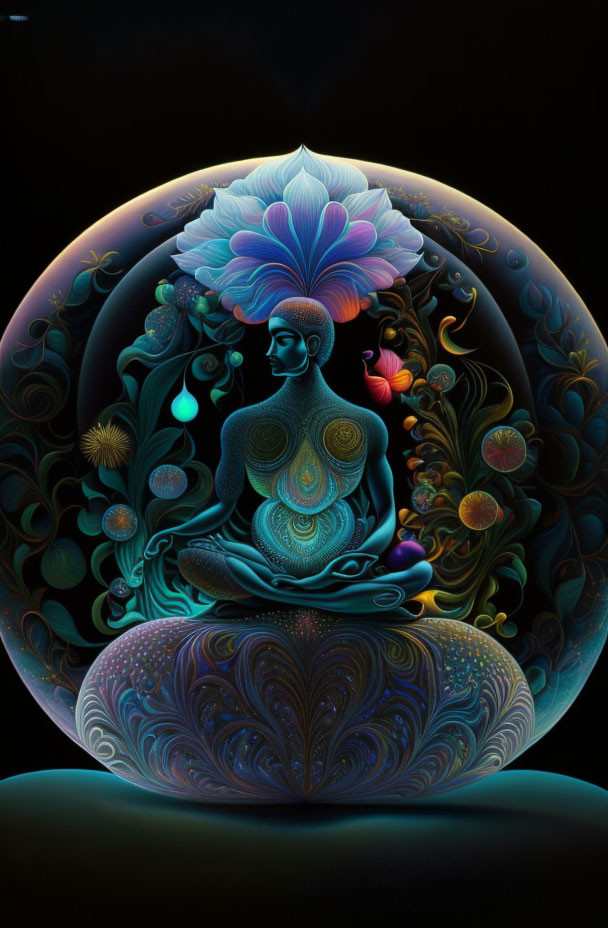 Colorful Meditating Figure in Circular Frame on Dark Background