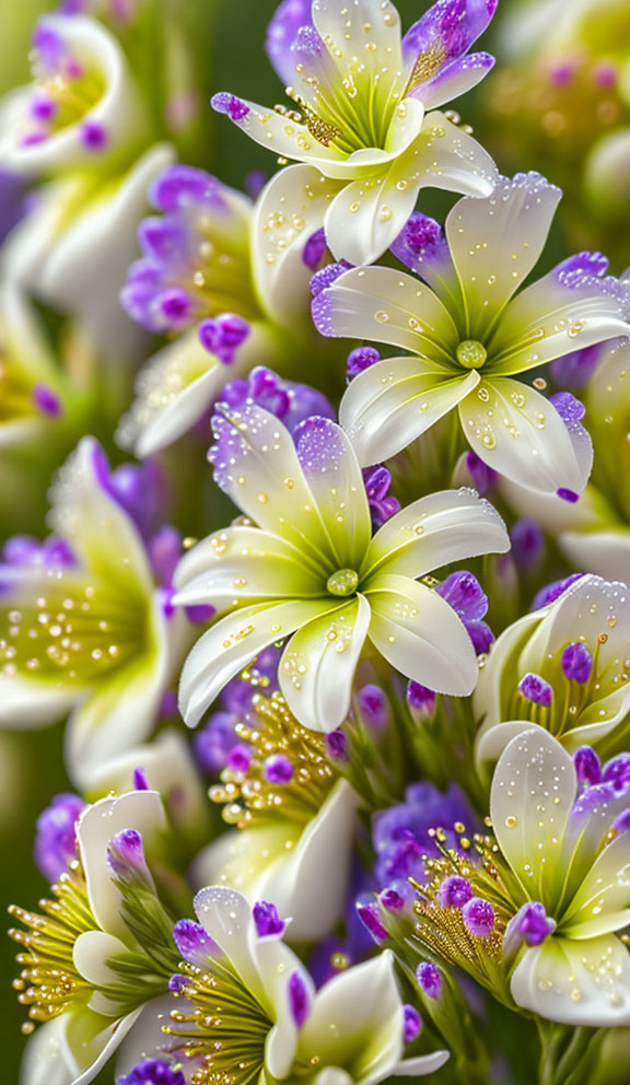 Dew-covered white and purple flowers in close-up view