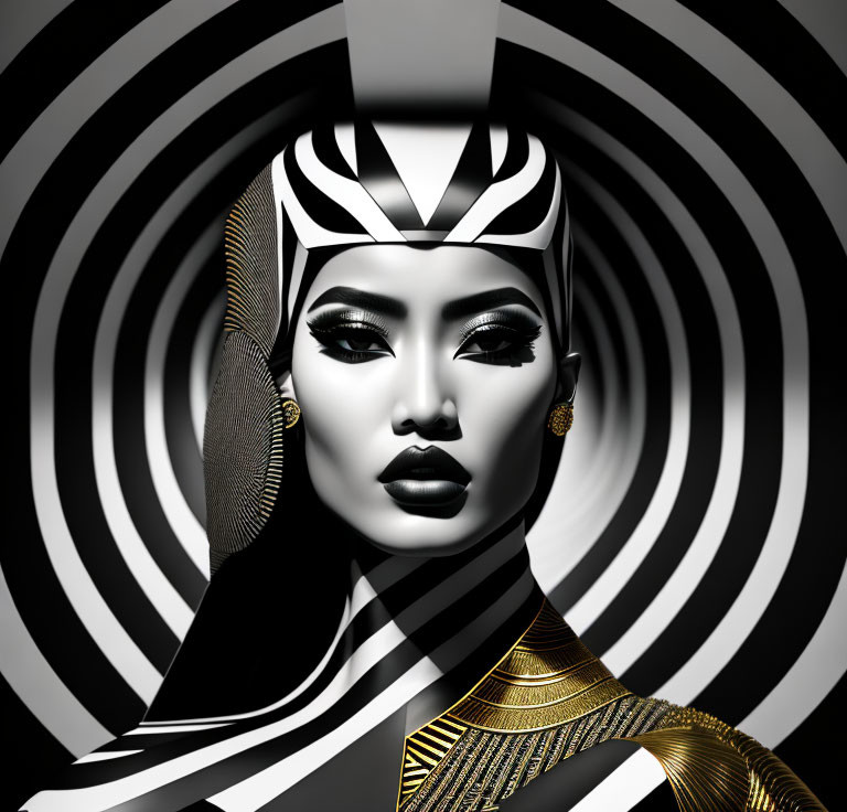 Monochrome art of stylized female figure with bold makeup and headdress