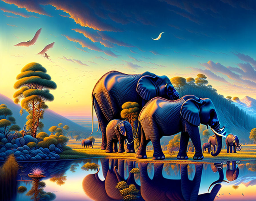 Digital Artwork: Elephants by Water Body, Moonlit Sky, Flying Bird