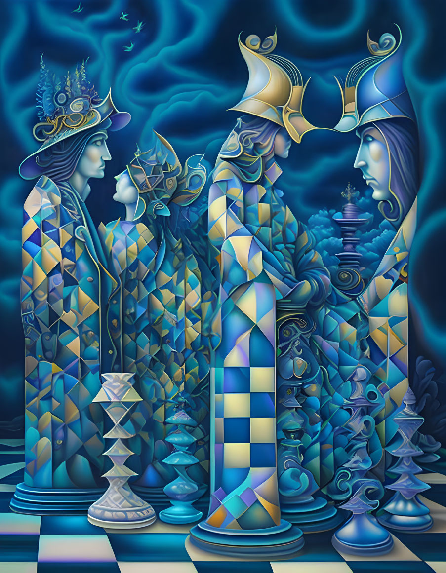 Colorful Surrealist Chess-Inspired Illustration with Human-Like Figures