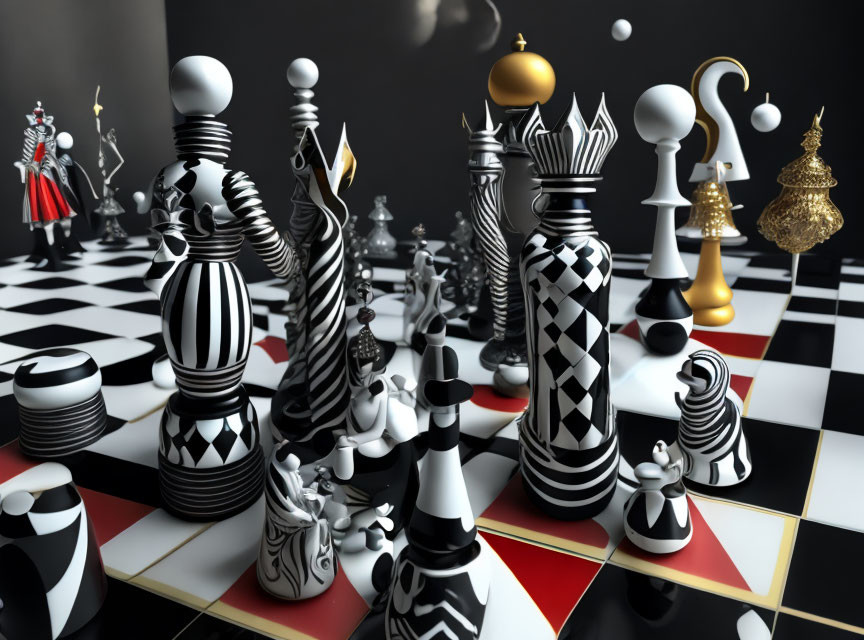 Stylized 3D Chess Set with Oversized Pieces and Decorative Patterns