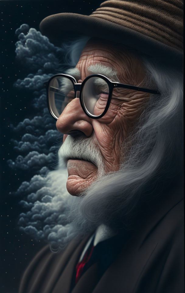 Elderly man with white beard and glasses in beret gazes thoughtfully at cloudy sky