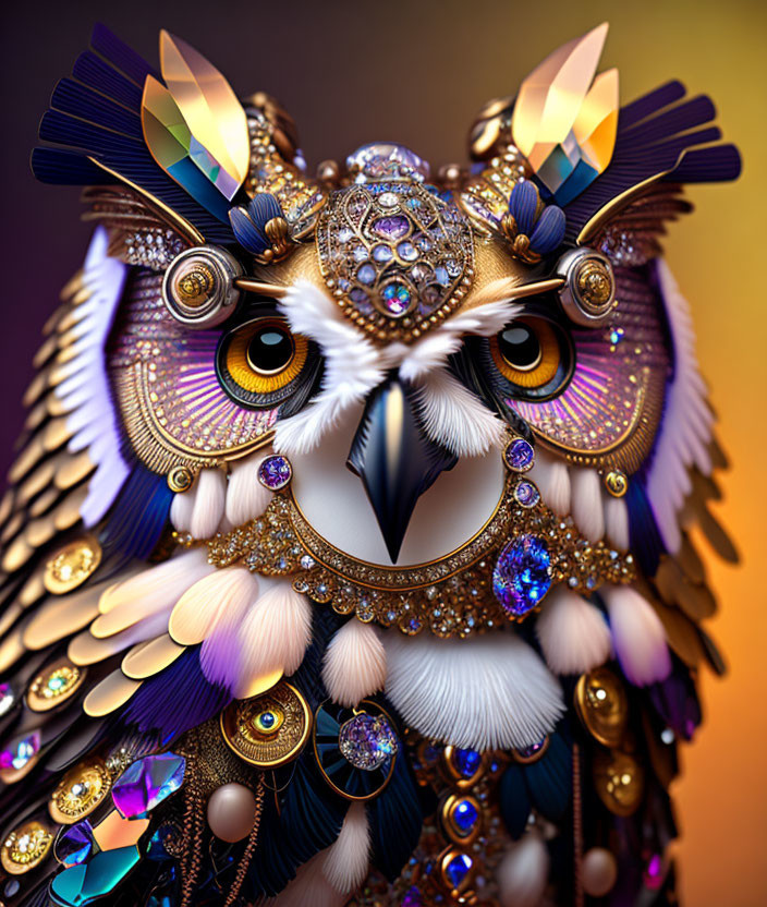 Digital artwork of ornate jeweled owl on gradient background