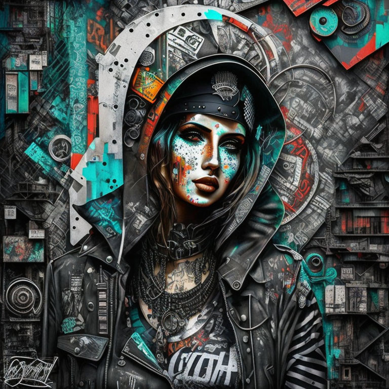 Digital Art: Woman with Face Paint in Futuristic Cyberpunk Setting