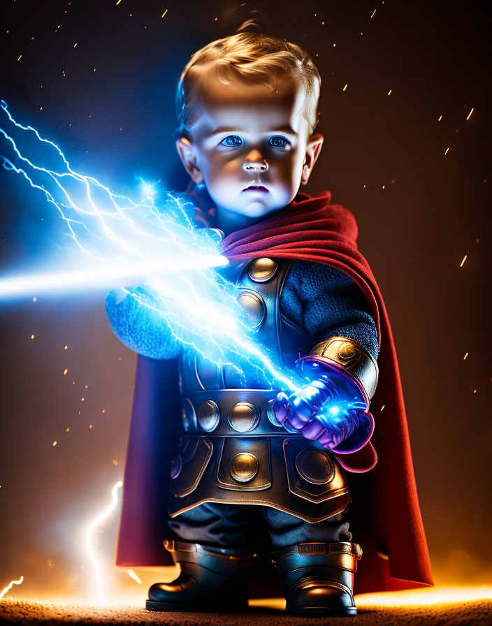 Toddler in superhero costume conjures blue lightning bolt