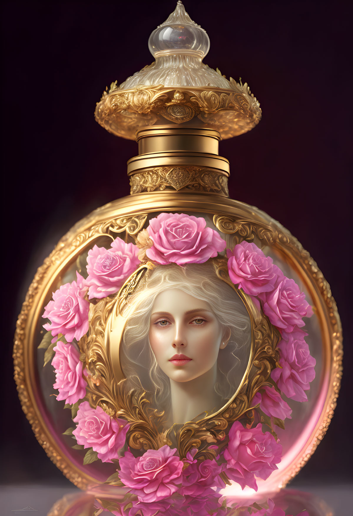 Golden perfume bottle with pink roses and woman's portrait medallion.