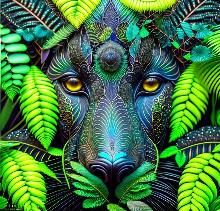 Stylized panther face with intricate patterns in vibrant digital art