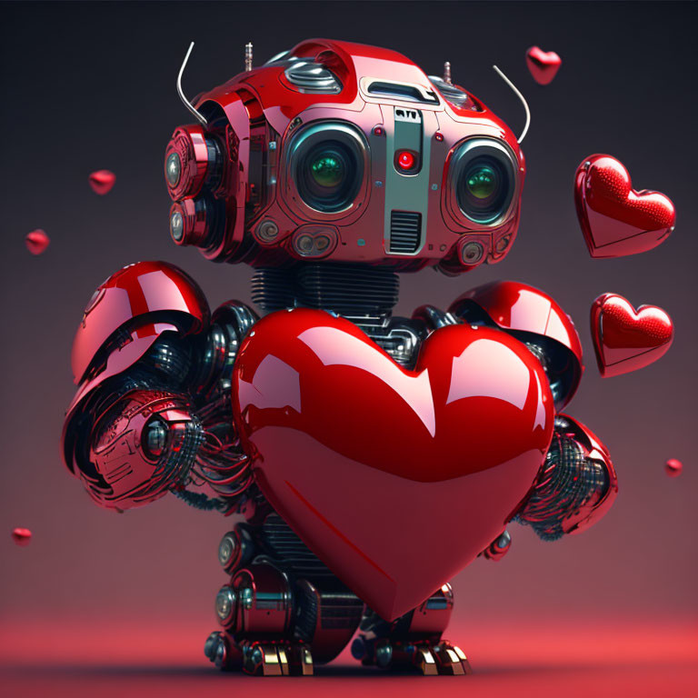 Round-bodied robot with stereo-speaker eyes and heart arms on pink background