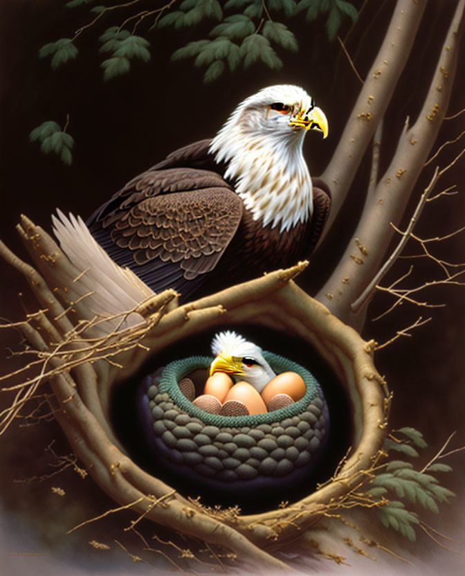 Majestic bald eagle with hatching chick and eggs in nest amidst dark foliage