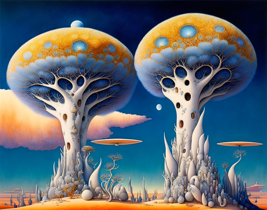 Fantastical painting of mushroom-like trees under surreal blue sky