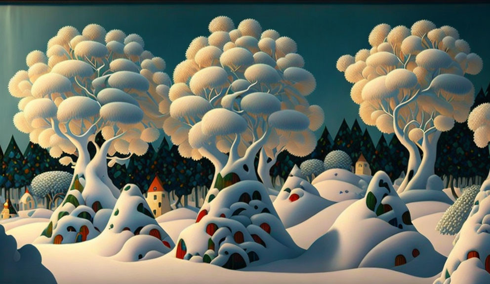 Snow-covered trees, rolling hills, and a cozy house in a winter scene