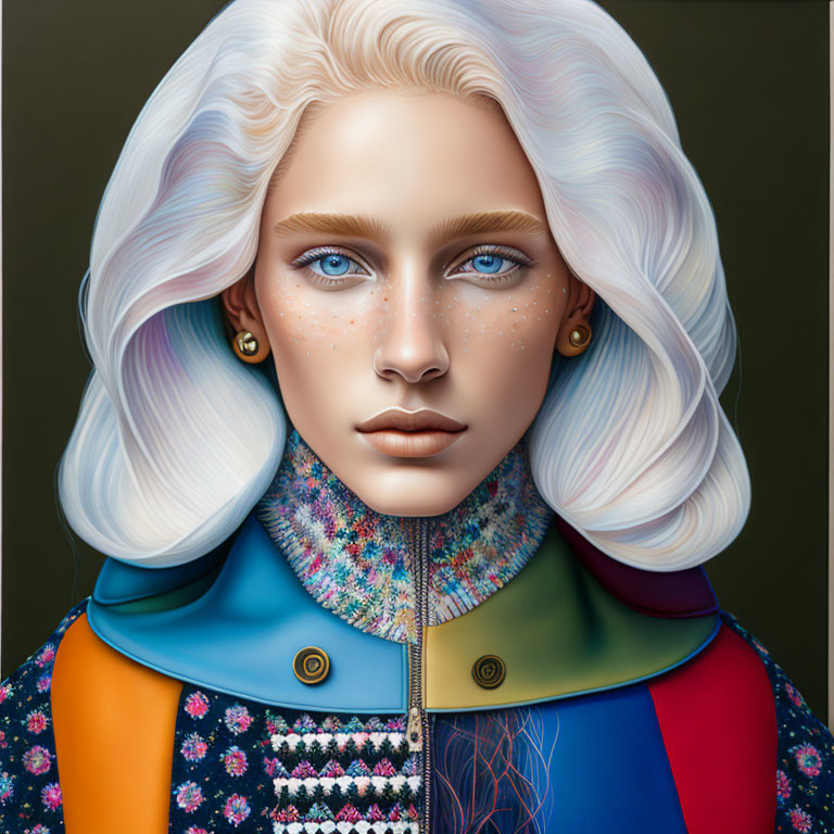 Illustration of person with blue eyes, white hair, freckles, in colorful high-collar jacket