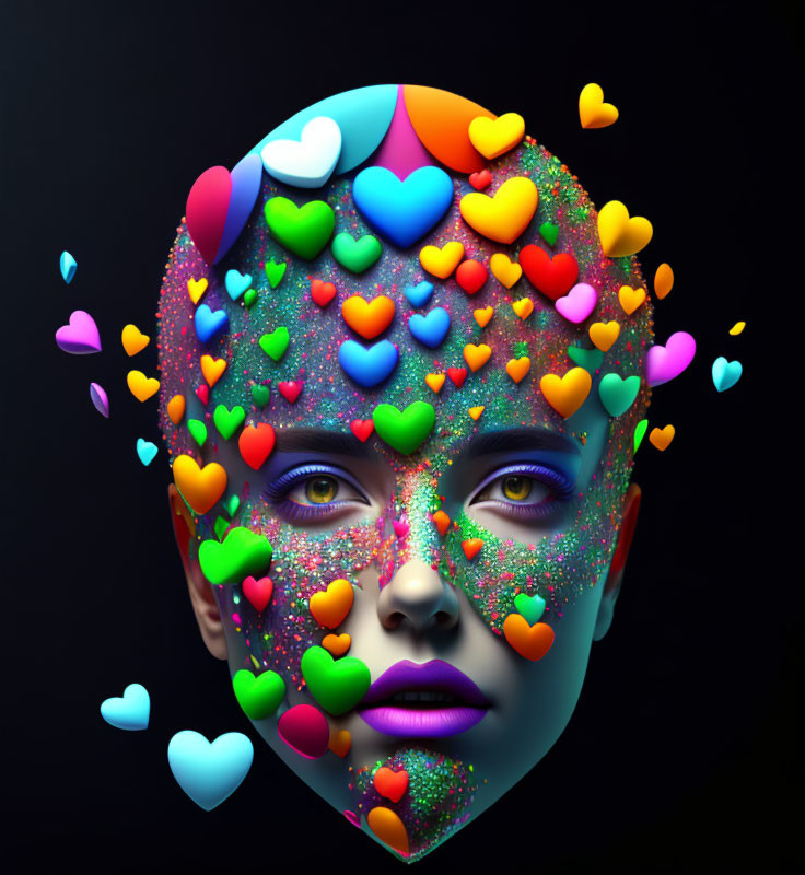 Colorful heart and sparkle digital face art on dark background