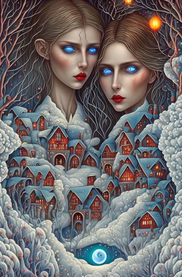 Fantastical women illustration with pale skin and blue eyes in winter village setting