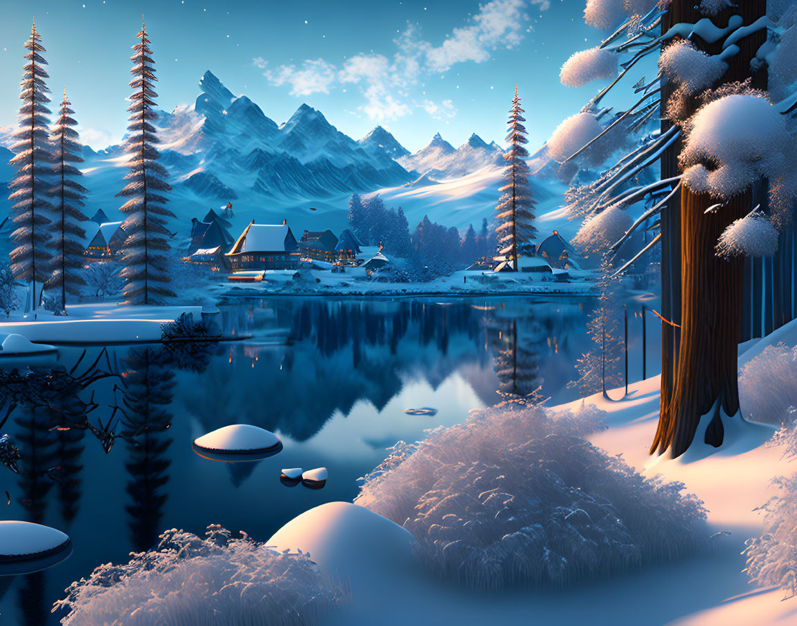 Snow-covered winter landscape with frozen lake, mountain backdrop, cozy cabins.