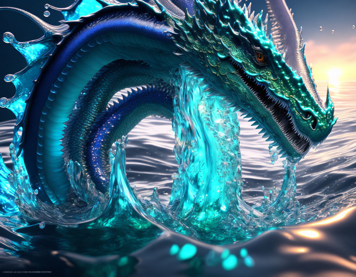 Detailed Illustration: Majestic Blue Dragon Emerging from Water