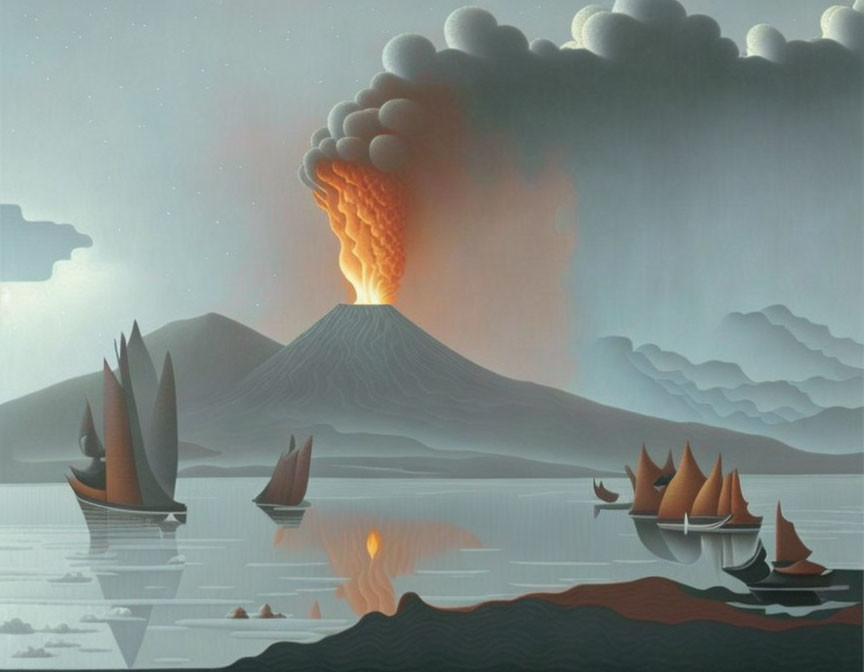 Volcanic eruption painting with sailing ships on calm water