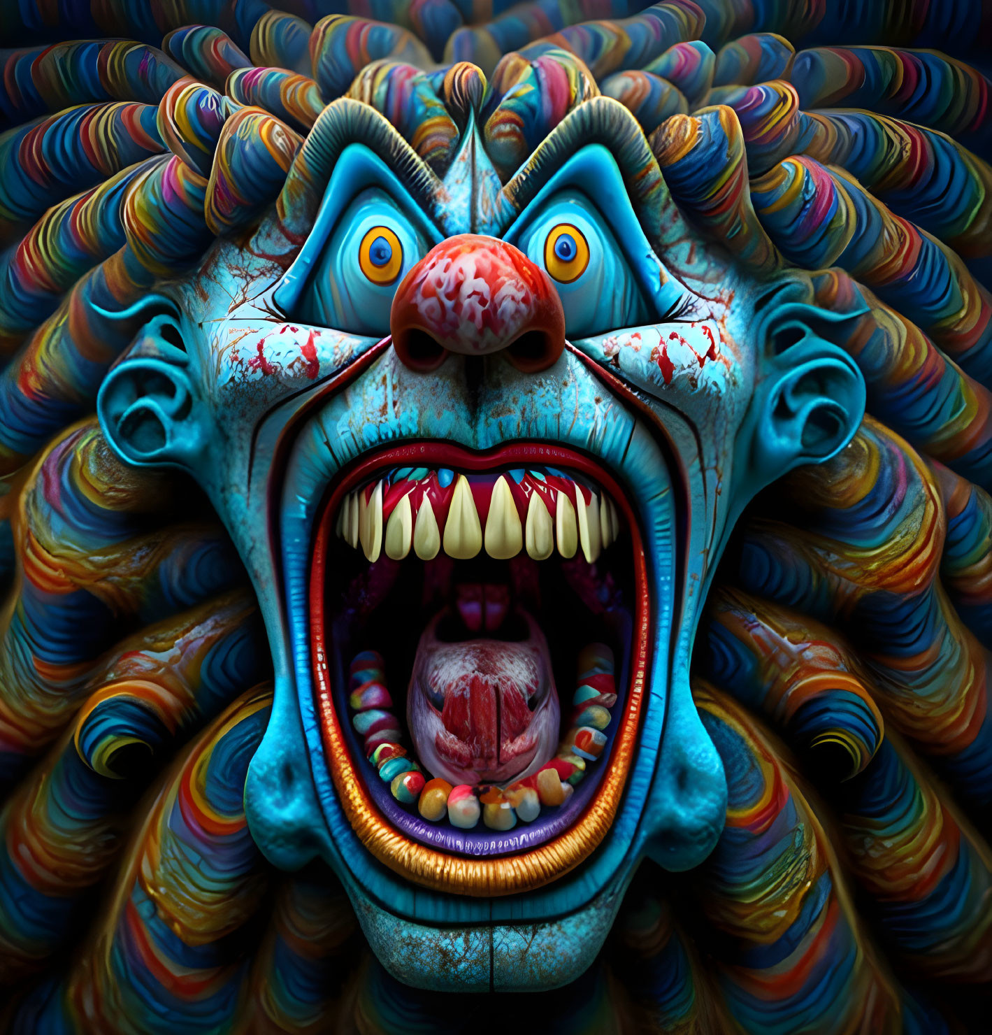 Surreal fearsome creature with sharp teeth and colorful textures