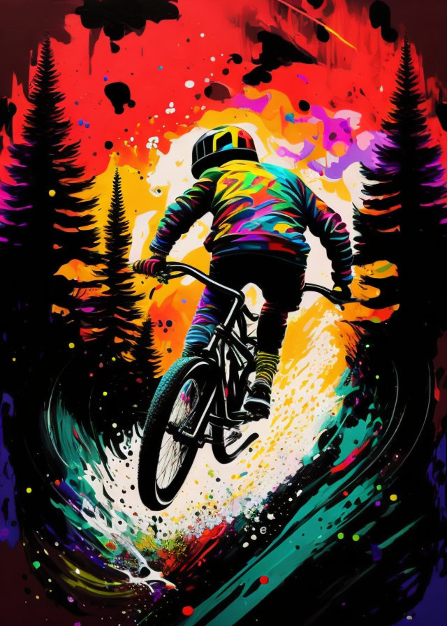 Colorful digital artwork: Mountain biker on trail with abstract background