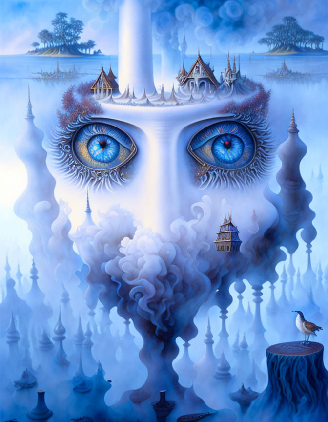 Surreal painting: Face with intense blue eyes, dreamlike spires, clouds, and smoke