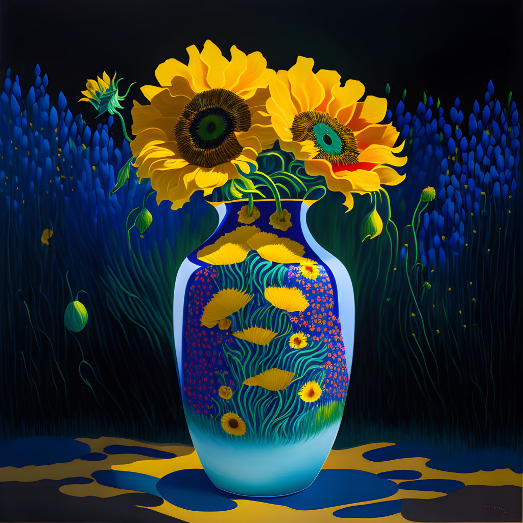 Sunflowers in Blue Vase with Fish Motifs on Dark Background