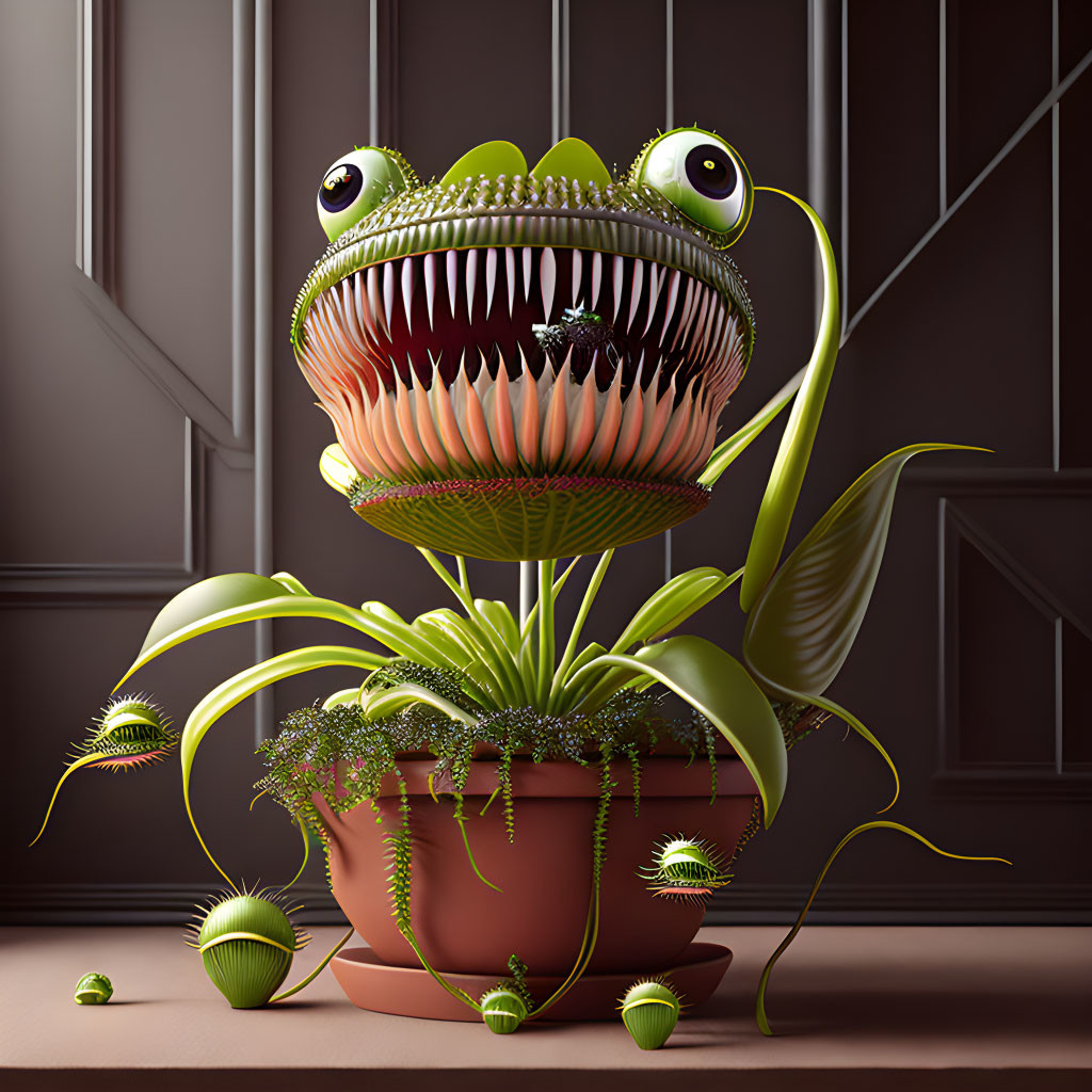 Colorful 3D illustration: Cartoon Venus flytrap with googly eyes in pot surrounded by smaller