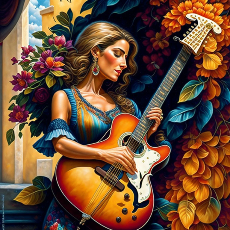 Woman playing guitar surrounded by vibrant flowers on colorful background