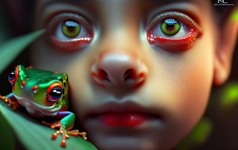 Child's face with big eyes next to colorful frog on green leaf