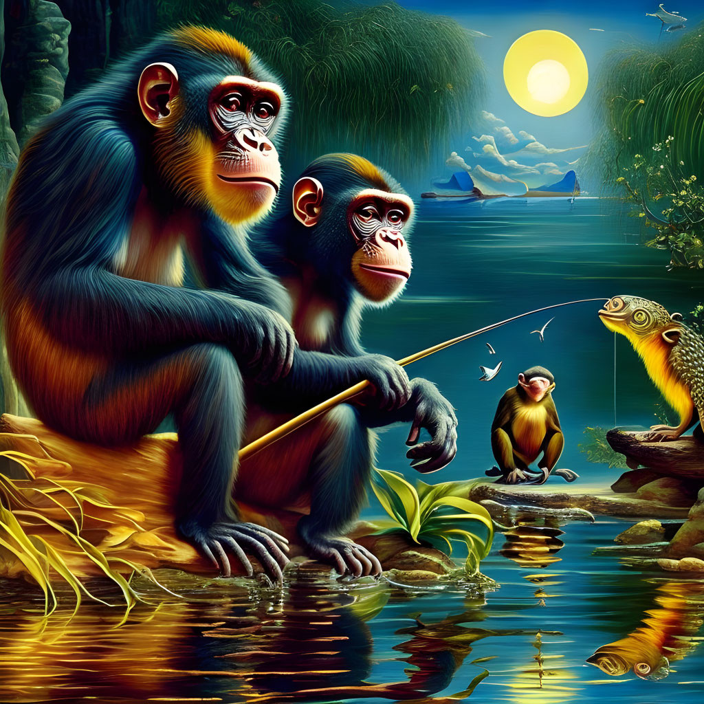 Three Monkeys and Fish with Human Face at River Twilight