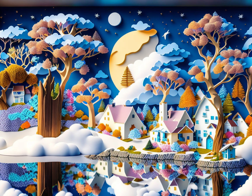 Layered Paper Art: Whimsical Forest Scene with Pastel Trees and Night Sky