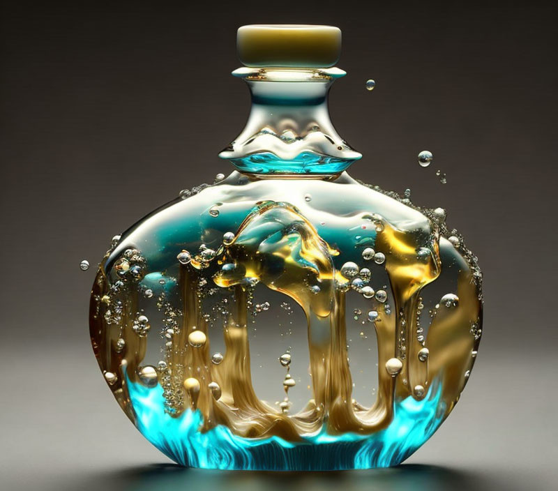 Ornate glass perfume bottle with swirling turquoise and gold liquid against gray backdrop