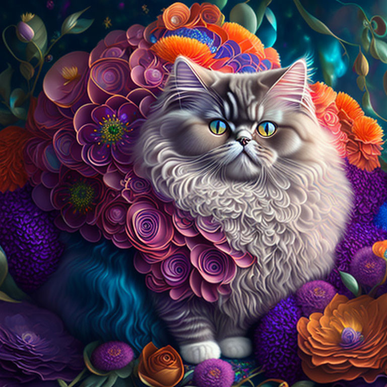 Gray Cat with Blue Eyes Surrounded by Colorful Flowers in Fantasy Illustration