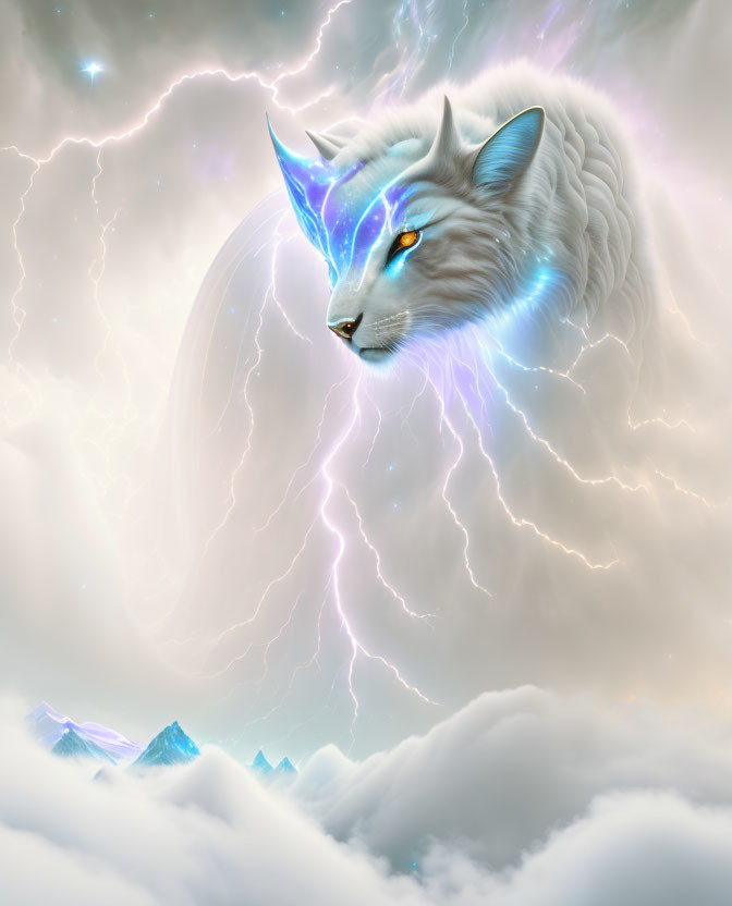 Ethereal white fox with blue eyes in stormy sky