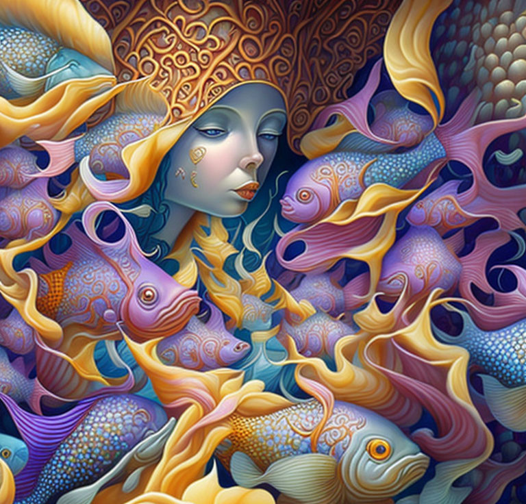 Vibrant fish surround woman's face in colorful sea-themed artwork