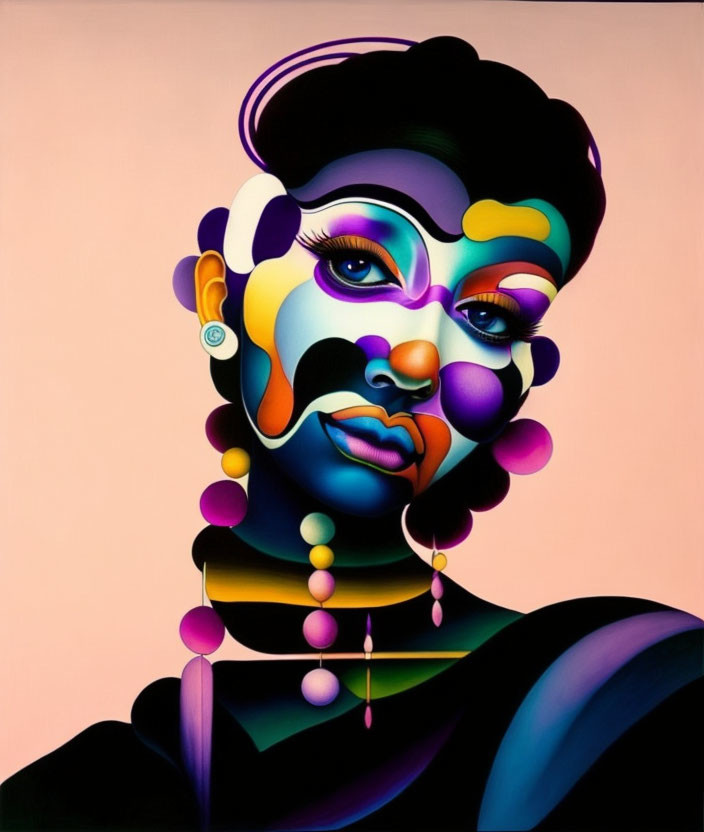 Colorful surreal portrait with abstract facial features and makeup on soft pink background